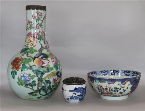 A Chinese famille rose bottle vase, an Export bowl and a blue and white pot